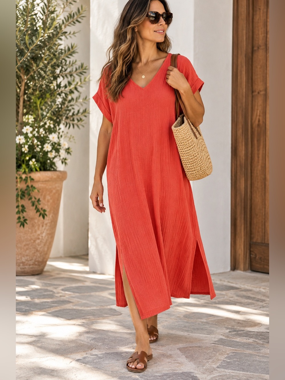 Eileen Fisher Organic Cotton Gauze V Neck Midi Dress Coral XL Side Slits